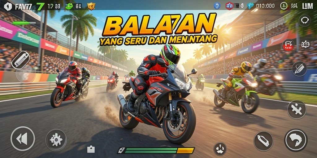 Tangkapan layar utama FAV77 menampilkan aksi balapan motor yang mendebarkan.