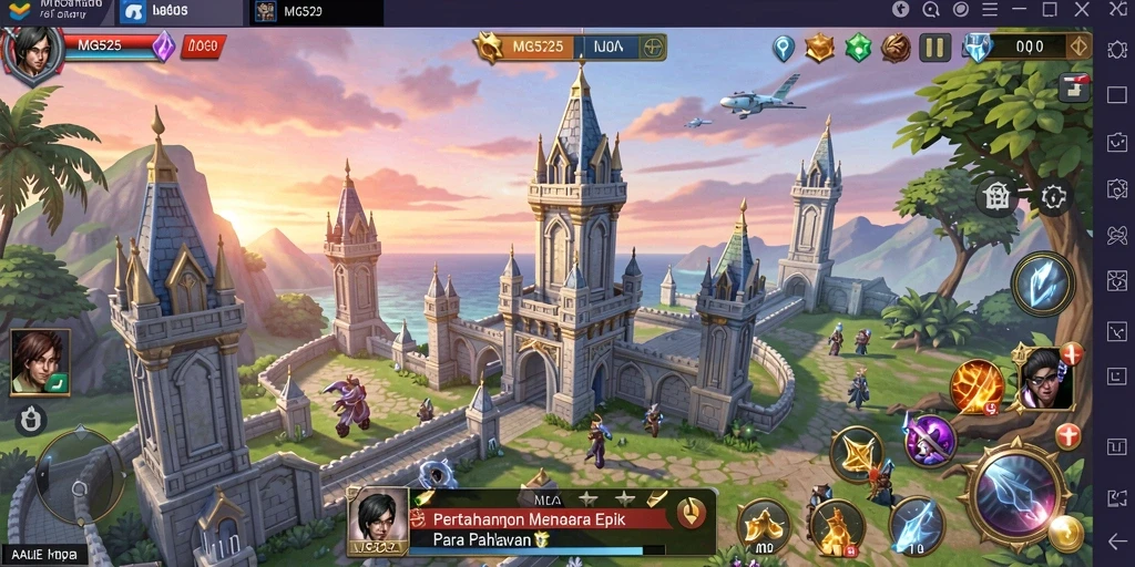 Tampilan gameplay seru di MG525 dengan berbagai menara dan musuh.