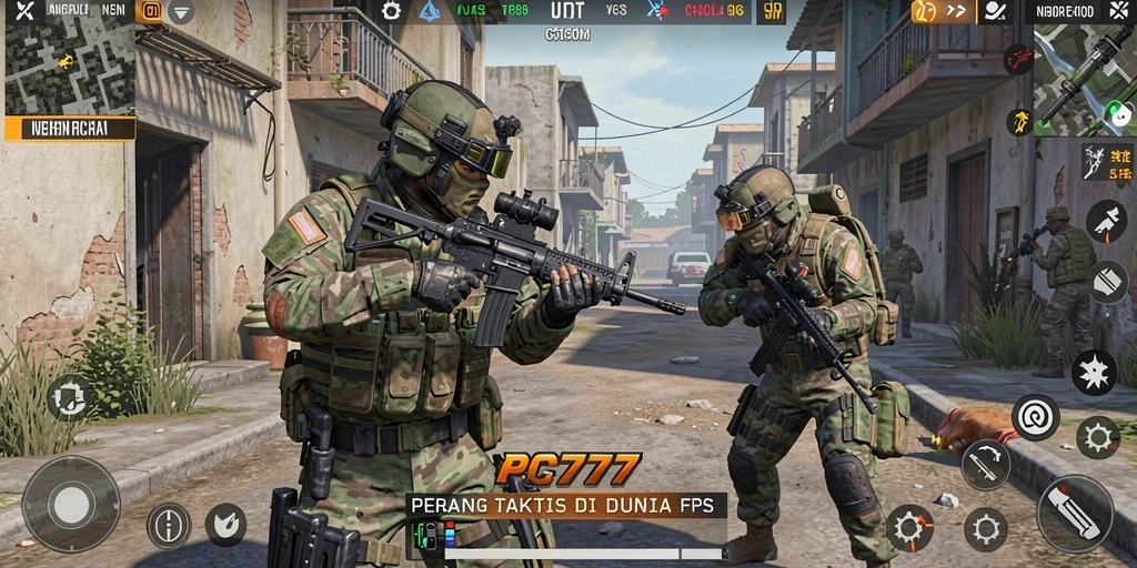 Screenshot utama PC777 menampilkan aksi tembak-menembak yang mendebarkan.