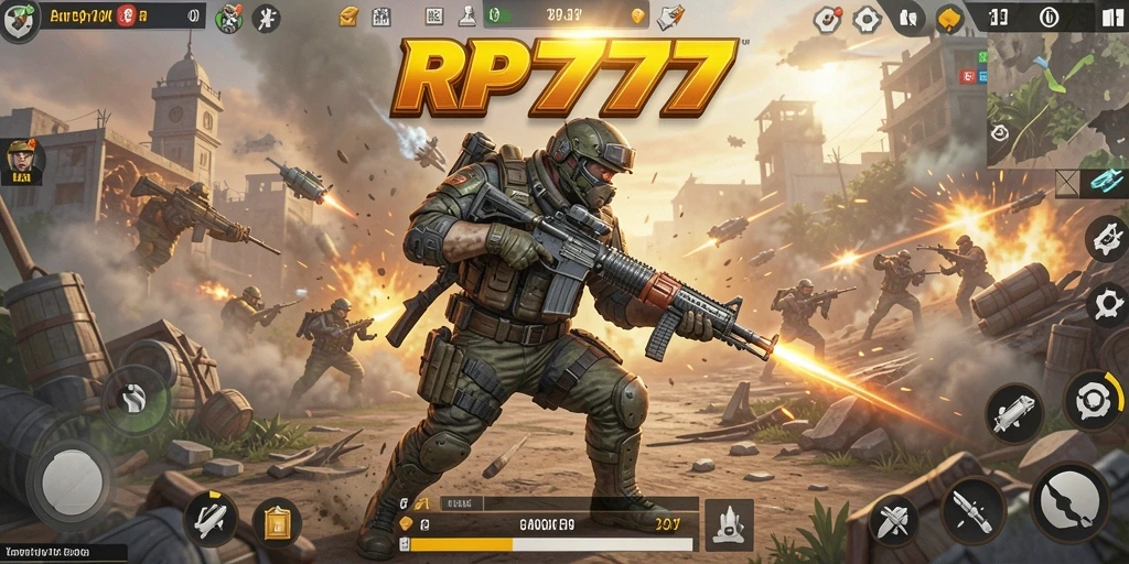 Tangkapan layar gameplay RP777 menampilkan pertarungan seru dalam arena Battle Royale.